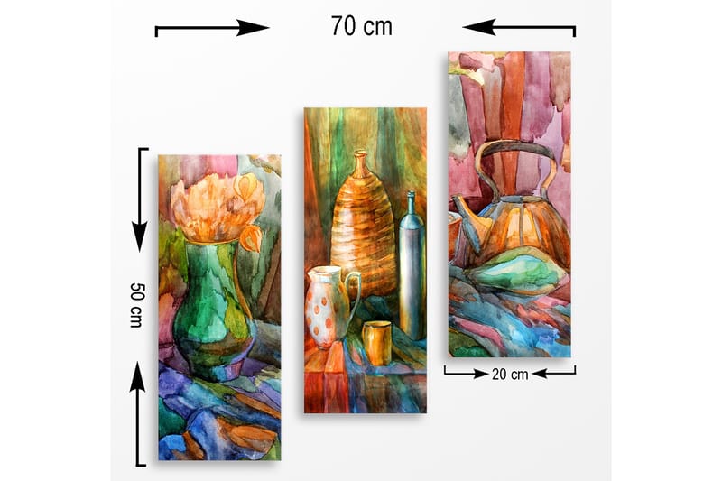 Canvastavla i trä 3-delar 50x70 cm - Stillhet med blommor och keramikföremål i harmoniska färger - Grön / Orange / Blå - Inredning - Tavlor & konst - Canvastavlor