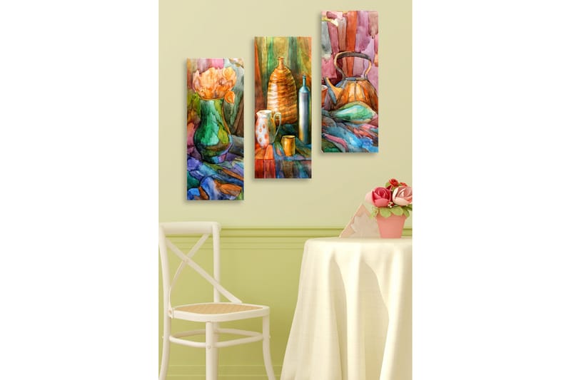 Canvastavla i trä 3-delar 50x70 cm - Stillhet med blommor och keramikföremål i harmoniska färger - Grön / Orange / Blå - Inredning - Tavlor & konst - Canvastavlor
