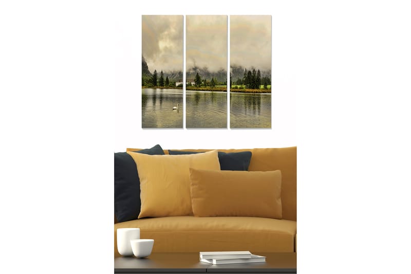 Canvastavla i trä 3-delar 50x70 cm - Stillhet vid sjön med reflekterande vattenytor och omgivande träd, Grön / Beige / Grå