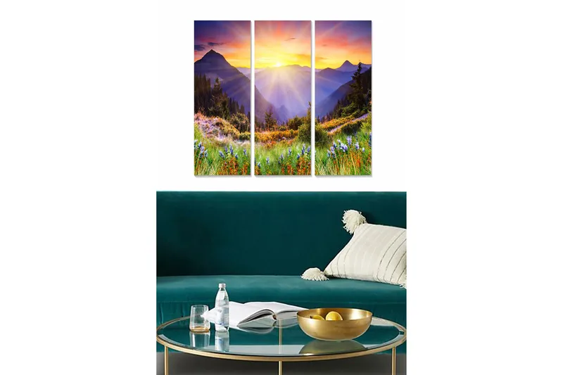 Canvastavla i trä 3-delar 50x70 cm - Storslagen berglandskap med soluppgång och blommor i förgrunden, Lila / Grön / Orange