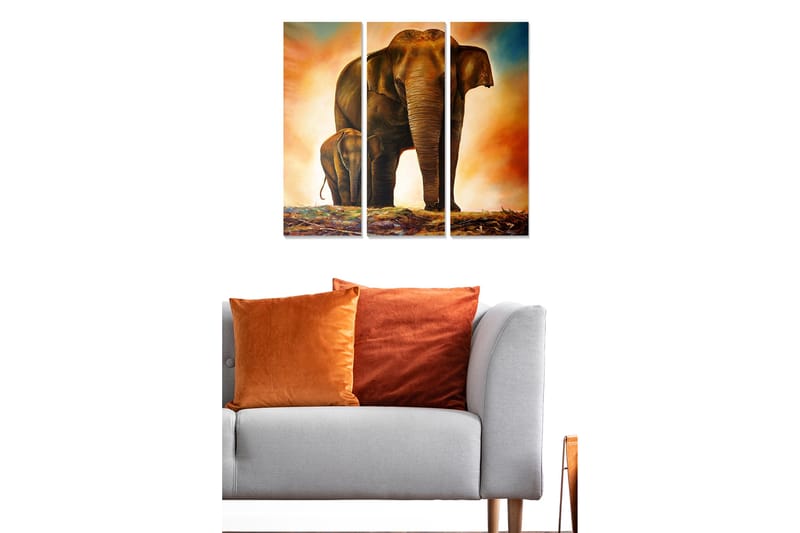 Canvastavla i trä 3-delar 50x70 cm - Storslagen elefant med kalv i en varm och dramatisk miljö - Brun / Orange / Beige - Inredning - Tavlor & konst - Canvastavlor