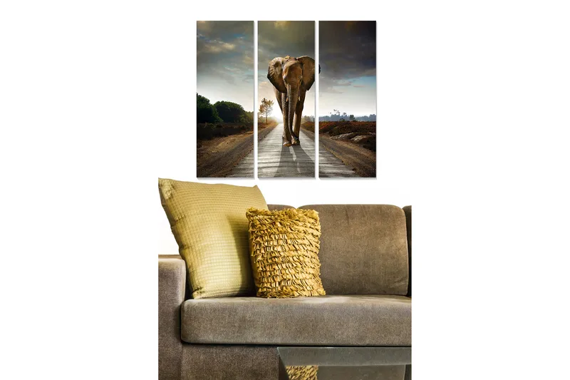 Canvastavla i trä 3-delar 50x70 cm - Storslagen elefant som går längs en väg i en naturskön miljö - Grå / Brun / Grön - Inredning - Tavlor & konst - Canvastavlor