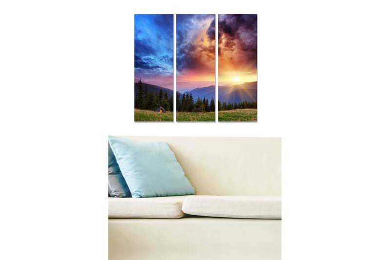 Canvastavla i trä 3-delar 50x70 cm - Storslagen solnedgång över fjällandskap, Blå / Orange / Grön