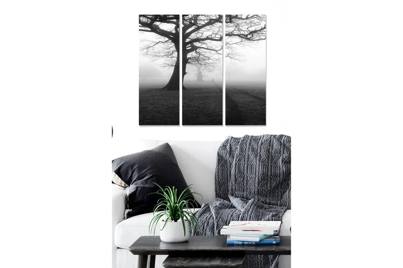 Canvastavla i trä 3-delar 50x70 cm - Stort, naket träd i dimmig landskapsscen - Svart / Grå - Inredning - Tavlor & konst - Canvastavlor