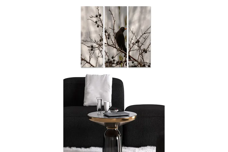 Canvastavla i trä 3-delar 50x70 cm - Svart fågel sittande på en gren med bär, Svart / Grå / Brun