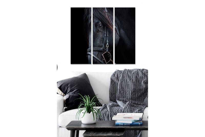 Canvastavla i trä 3-delar 50x70 cm - Svart hästporträtt med fokus på ögonen - Svart / Grå / Brun - Inredning - Tavlor & konst - Canvastavlor