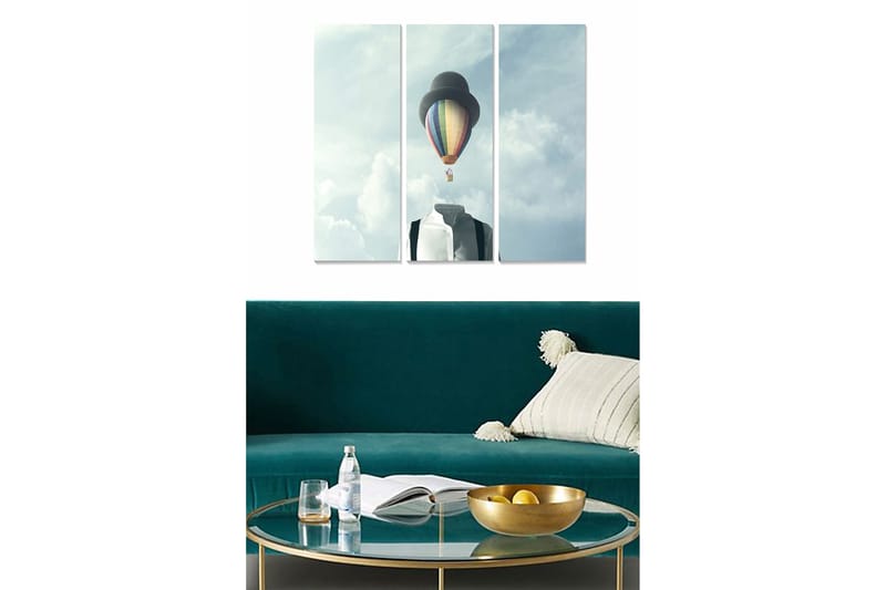 Canvastavla i trä 3-delar 50x70 cm - Svart hatt och skjorta med en svävande luftballong i himlen, Blå / Grå / Regnbågsfärgad