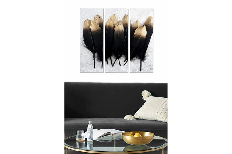 Canvastavla i trä 3-delar 50x70 cm - Svart och guld fjädrar i en elegant komposition, Svart / Guld