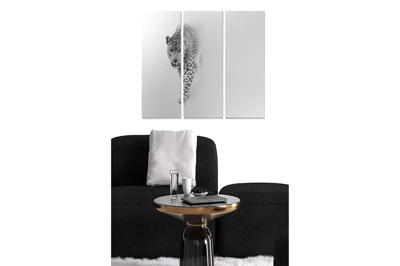 Canvastavla i trä 3-delar 50x70 cm - Svart och vit leopard i rörelse, Svart / Vit