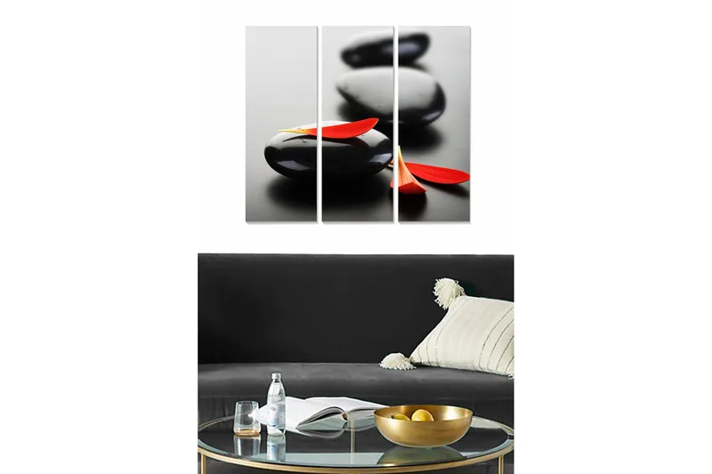 Canvastavla i trä 3-delar 50x70 cm - Svart stenar med röda blomblad - Svart / Röd - Inredning - Tavlor & konst - Canvastavlor