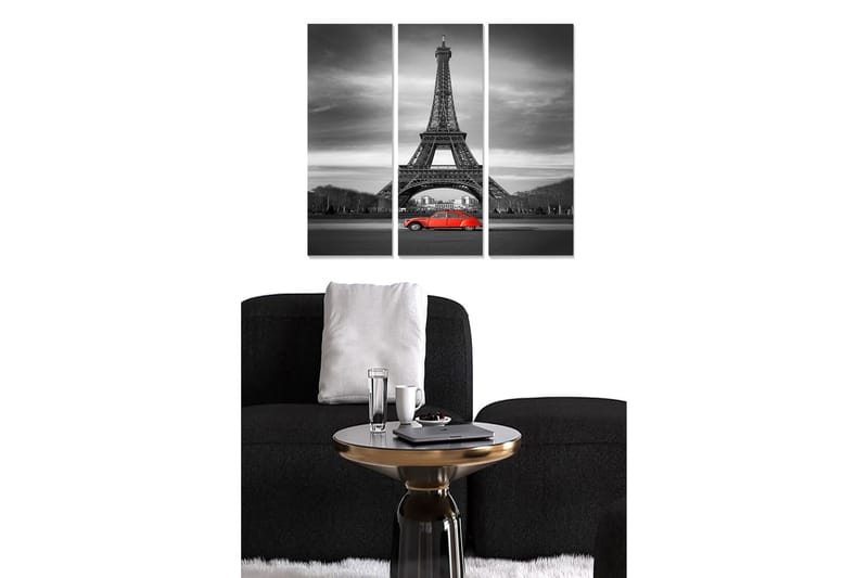 Canvastavla i trä 3-delar 50x70 cm - Svartvit bild av Eiffeltornet med en röd bil i förgrunden - Röd / Svart / Grå - Inredning - Tavlor & konst - Canvastavlor