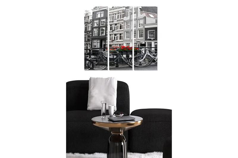 Canvastavla i trä 3-delar 50x70 cm - Svartvit stadsbild med cyklar och röda blommor, Svart / Röd / Vit