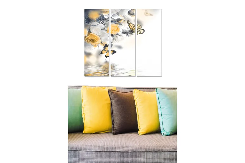 Canvastavla i trä 3-delar 50x70 cm - Svartvita fjärilar och gula rosor i en harmonisk komposition, Gult / Svart / Vitt