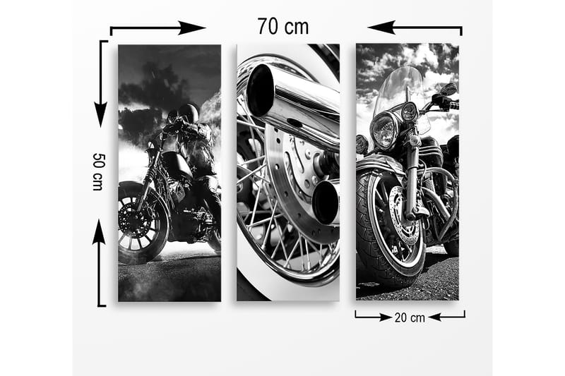 Canvastavla i trä 3-delar 50x70 cm - Svartvita motorcyklar i dynamisk komposition - Svart / Vitt / Grått - Inredning - Tavlor & konst - Canvastavlor