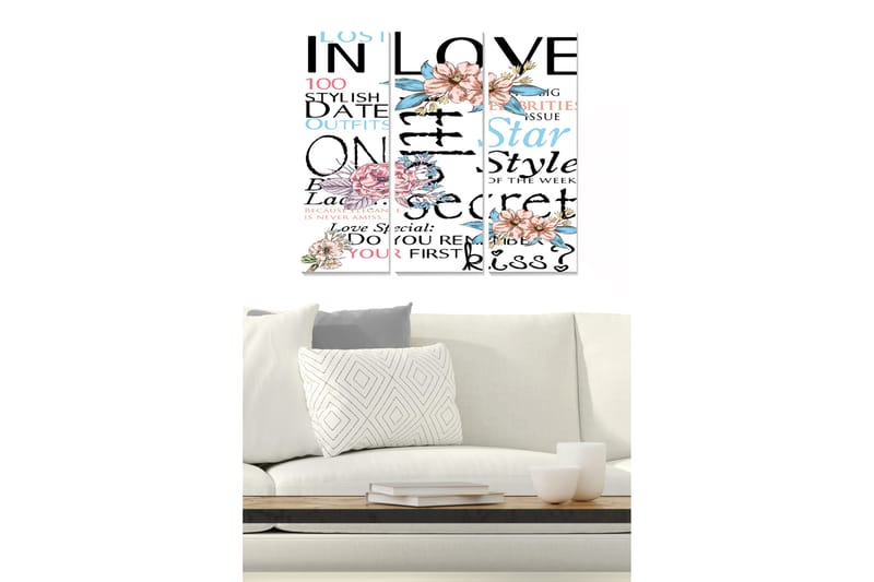 Canvastavla i trä 3-delar 50x70 cm - Textbaserad komposition med blommor och romantiska inslag - Rosa / Blå / Svart - Inredning - Tavlor & konst - Canvastavlor