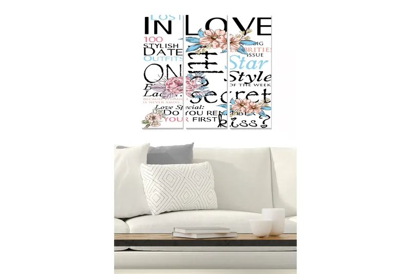 Canvastavla i trä 3-delar 50x70 cm - Textbaserad komposition med blommor och romantiska inslag, Rosa / Blå / Svart