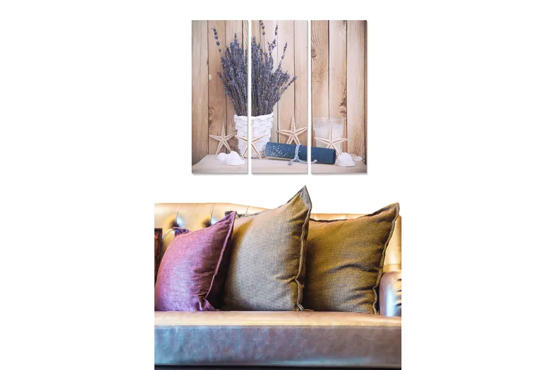 Canvastavla i tr ä 3-delar 50x70 cm - Torkade lavendelblommor i en korg med maritima detaljer, Lila / Beige / Vit