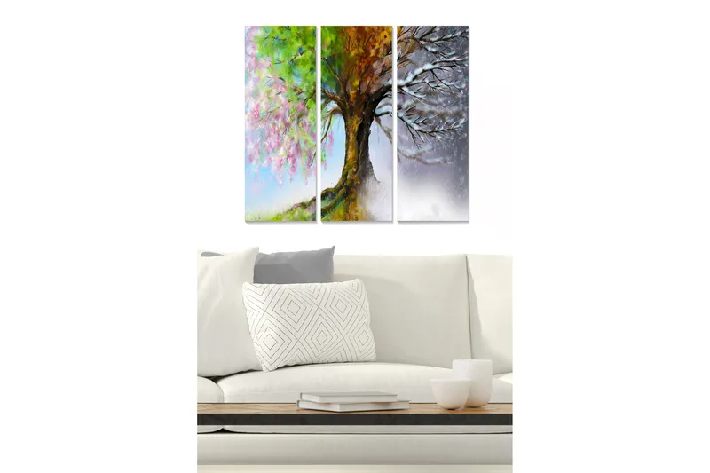 Canvastavla i trä 3-delar 50x70 cm - Träd i olika säsonger med blommande och lövfria grenar - Grön / Rosa / Brun - Inredning - Tavlor & konst - Canvastavlor