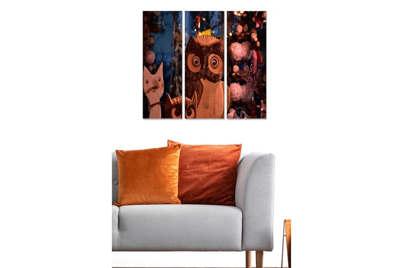 Canvastavla i trä 3-delar 50x70 cm - Träskulpturer av en katt och en uggla med stora ögon - Brun / Beige / Vit - Inredning - Tavlor & konst - Canvastavlor