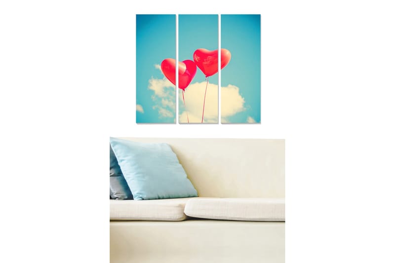 Canvastavla i trä 3-delar 50x70 cm - Tre röda hjärtformade ballonger mot en klarblå himmel, Röd / Blå