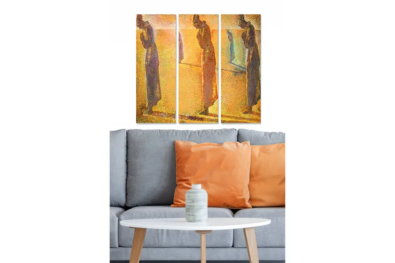 Canvastavla i trä 3-delar 50x70 cm - Tre skulpturer i dämpade färger som står i en reflekterande miljö, Guld / Blå / Brun