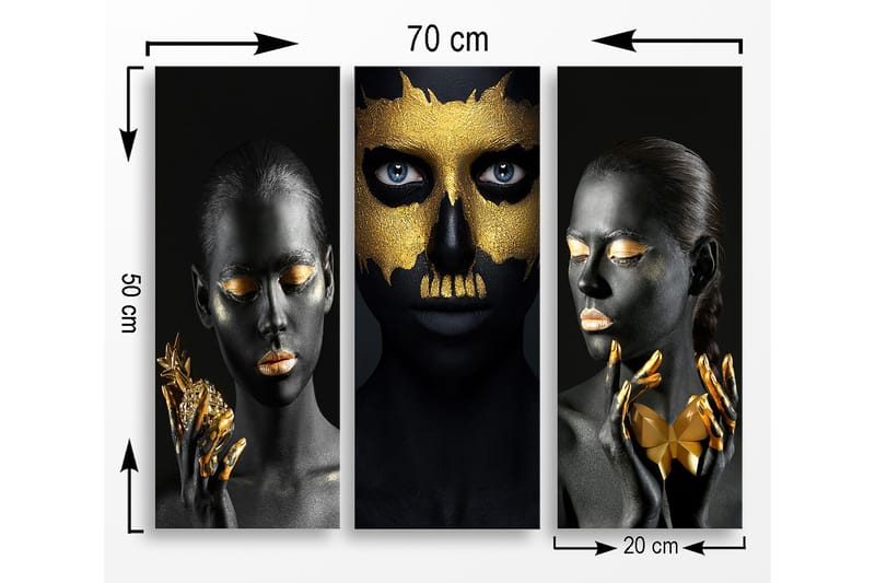 Canvastavla i trä 3-delar 50x70 cm - Tredelad porträttkomposition med ansikten i svart och guld - Svart / Guld - Inredning - Tavlor & konst - Canvastavlor