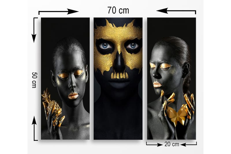 Canvastavla i trä 3-delar 50x70 cm - Tredelad porträttkomposition med ansikten i svart och guld - Svart / Guld - Inredning - Tavlor & konst - Canvastavlor