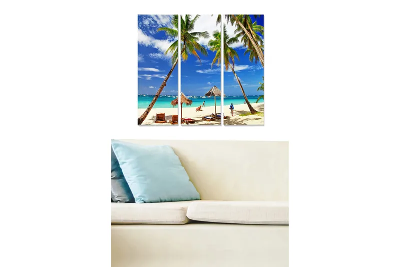 Canvastavla i trä 3-delar 50x70 cm - Tropisk strand med palmer och klarblå himmel - Blå / Grön / Beige - Inredning - Tavlor & konst - Canvastavlor