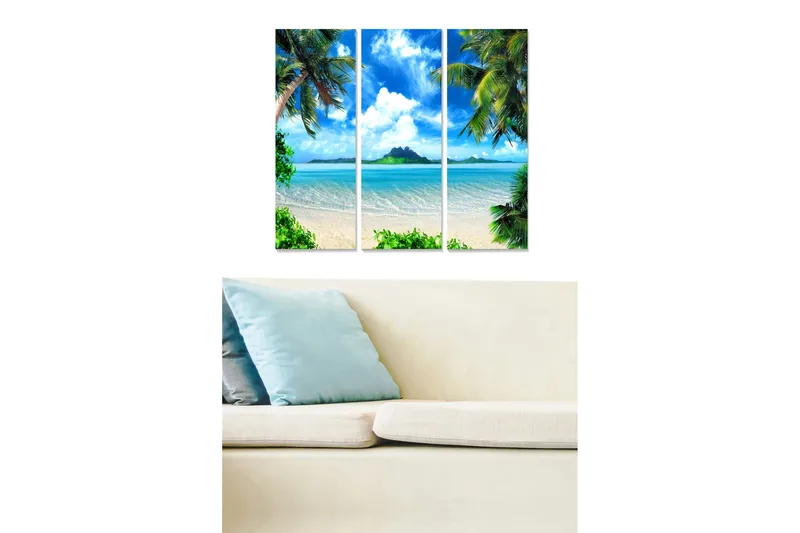 Canvastavla i trä 3-delar 50x70 cm - Tropisk strand med palmer och klarblå himmel - Blå / Grön / Beige - Inredning - Tavlor & konst - Canvastavlor
