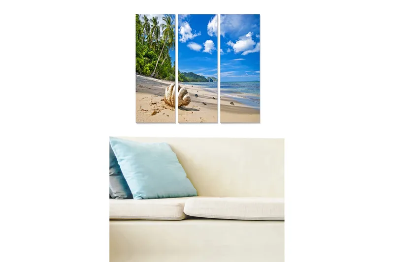 Canvastavla i trä 3-delar 50x70 cm - Tropisk strand med palmer och klart blå himmel - Blå / Grön / Sandbeige - Inredning - Tavlor & konst - Canvastavlor