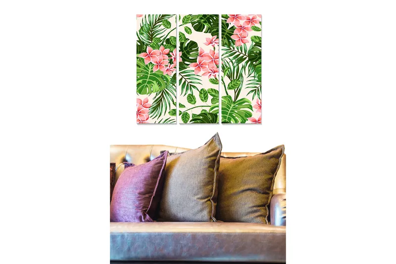 Canvastavla i trä 3-delar 50x70 cm - Tropisk växtkomposition med rosa blommor och gröna blad, Rosa / Grön