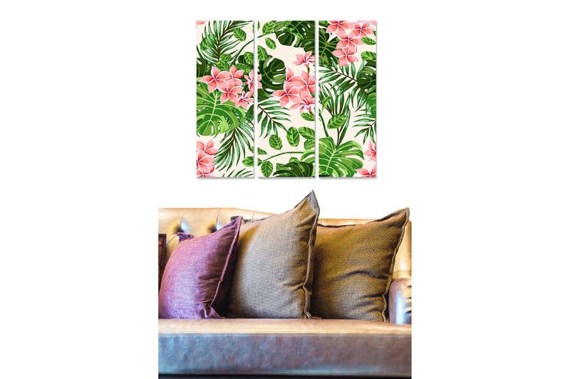 Canvastavla i trä 3-delar 50x70 cm - Tropisk växtkomposition med rosa blommor och gröna blad, Rosa / Grön