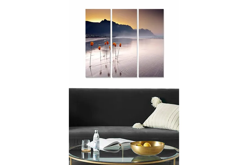 Canvastavla i trä 3-delar 50x70 cm - Tulpaner som växer på en spegelblanka strand vid solnedgången, Orange / Lila / Grå