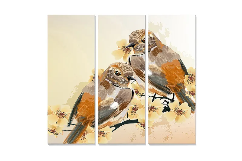 Canvastavla i trä 3-delar 50x70 cm - Två fåglar som sitter på en gren med blommor, Orange / Beige / Gul