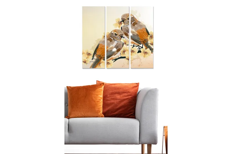 Canvastavla i trä 3-delar 50x70 cm - Två fåglar som sitter på en gren med blommor - Orange / Beige / Gul - Inredning - Tavlor & konst - Canvastavlor