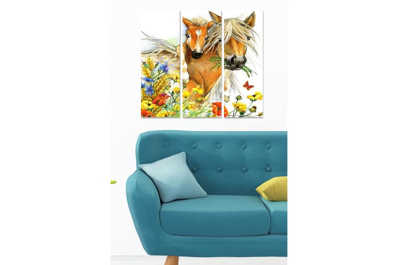 Canvastavla i trä 3-delar 50x70 cm - Två hästar omgivna av färgglada blommor och grönska, Gul / Grön / Blå