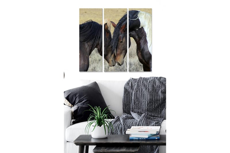 Canvastavla i trä 3-delar 50x70 cm - Två hästar som försiktigt lutar sina huvuden mot varandra, Mörkbrun / Ljusbrun / Vit