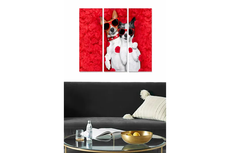 Canvastavla i trä 3-delar 50x70 cm - Två hundar med solglasögon omgivna av röda rosor, Röd / Vit