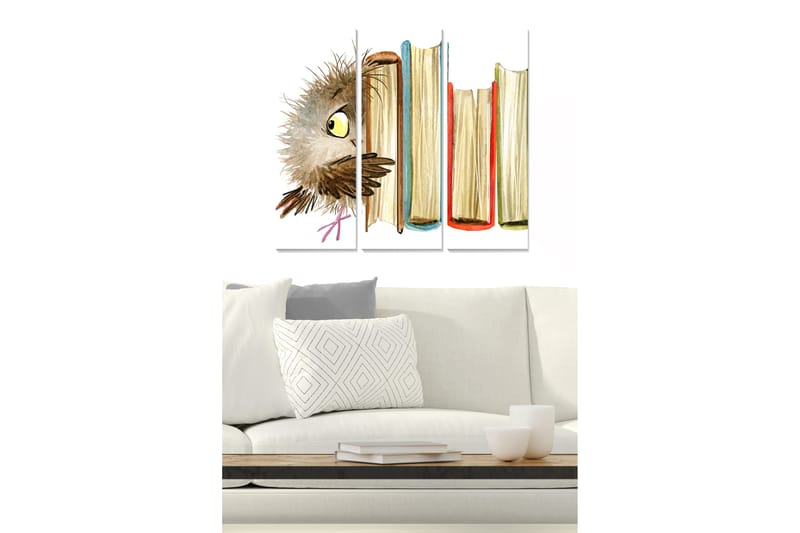 Canvastavla i trä 3-delar 50x70 cm - Uggla som kikar fram bakom böcker, Brun / Gul / Röd