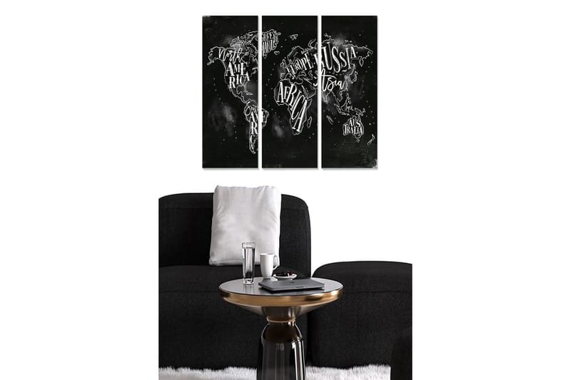 Canvastavla i trä 3-delar 50x70 cm - Världskarta med handskrivna namn på kontinenter och länder, Svart / Vit