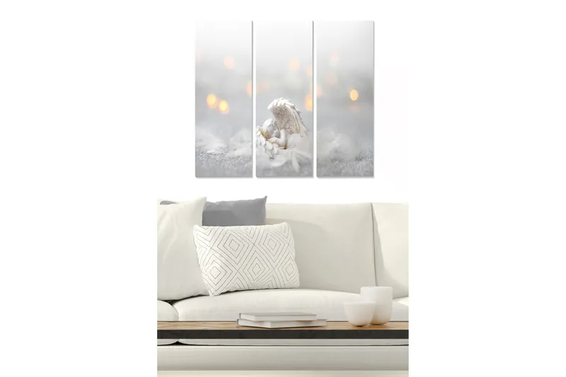 Canvastavla i trä 3-delar 50x70 cm - Vacker ängel som håller ett barn i en drömmande miljö, Vit / Grå / Guld