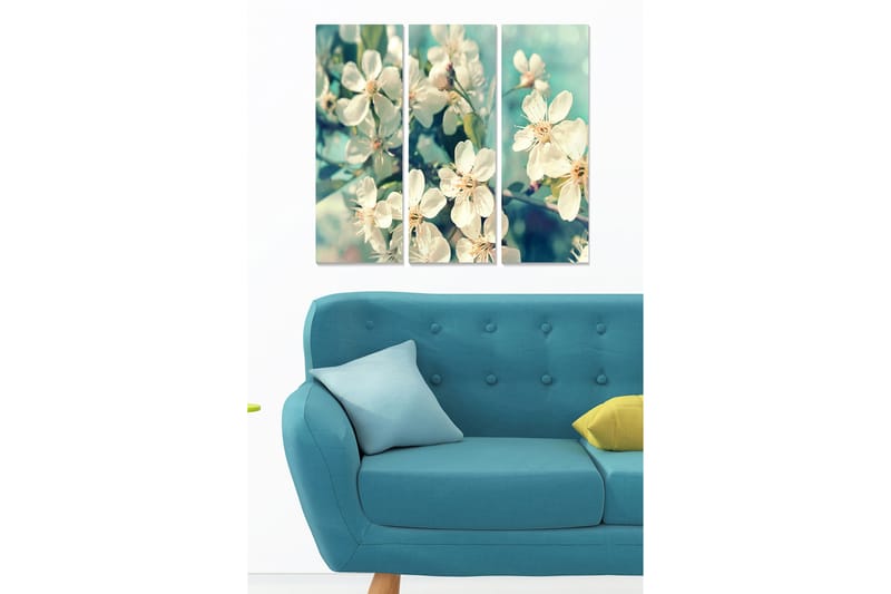 Canvastavla i trä 3-delar 50x70 cm - Vacker blomsterkomposition med vita blommor, Vit / Grön / Ljusblå