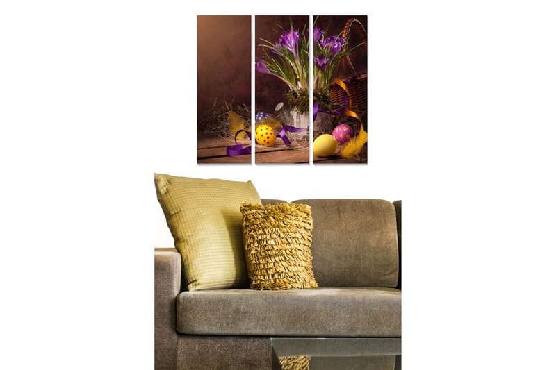Canvastavla i trä 3-delar 50x70 cm - Vacker bukett av krokusar med påskägg och dekorationer - Lila / Gul / Orange - Inredning - Tavlor & konst - Canvastavlor