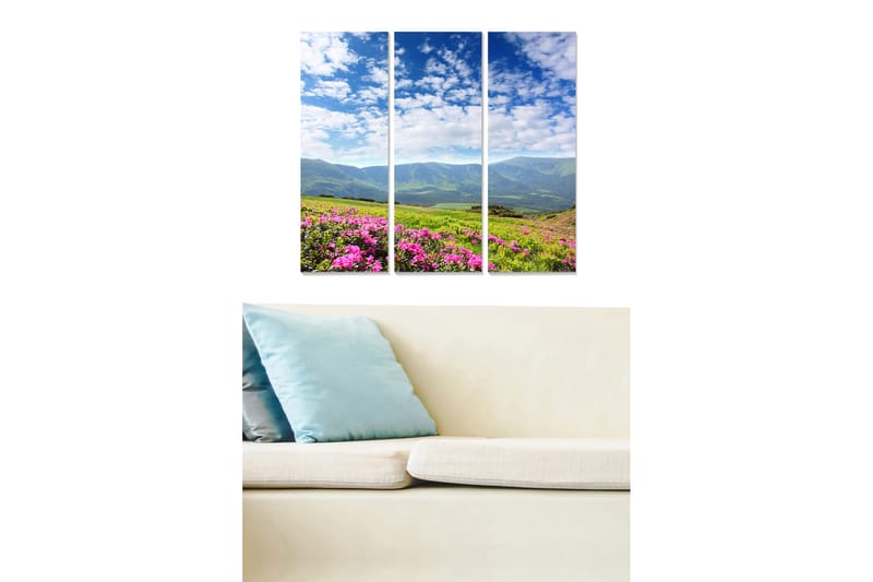 Canvastavla i trä 3-delar 50x70 cm - Vacker fjällandskap med blommande azaleor i förgrunden - Rosa / Grön / Blå - Inredning - Tavlor & konst - Canvastavlor