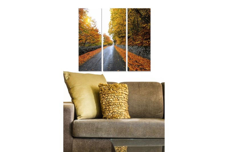 Canvastavla i trä 3-delar 50x70 cm - Vacker höstlandskap med en väg omgiven av färgglada träd och fallna löv - Orange / Guld / Grön - Inredning - Tavlor & konst - Canvastavlor