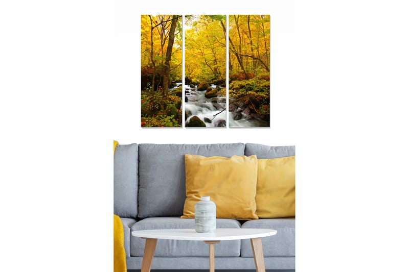 Canvastavla i trä 3-delar 50x70 cm - Vacker höstlandskap med gyllene träd och porlande bäck - Guld / Grön / Brun - Inredning - Tavlor & konst - Canvastavlor