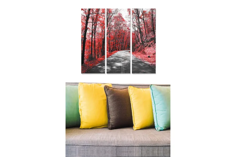 Canvastavla i trä 3-delar 50x70 cm - Vacker höstskog med röda löv och en väg som leder genom träden - Röd / Svart / Grå - Inredning - Tavlor & konst - Canvastavlor