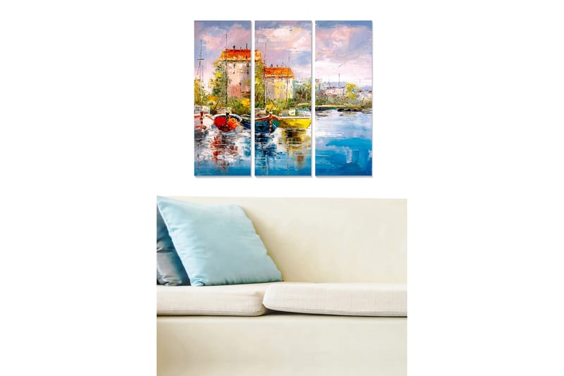Canvastavla i trä 3-delar 50x70 cm - Vacker hamn med färgglada båtar och pittoreska byggnader vid vattnet, Blå / Röd / Gul