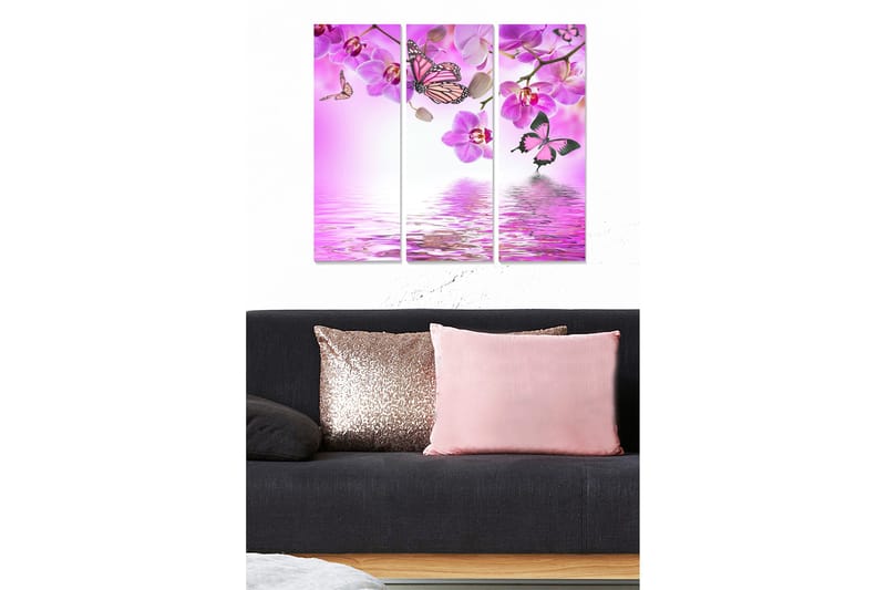 Canvastavla i trä 3-delar 50x70 cm - Vacker komposition av fjärilar och orkidéer i rosa nyanser - Rosa / Lila / Vit - Inredning - Tavlor & konst - Canvastavlor