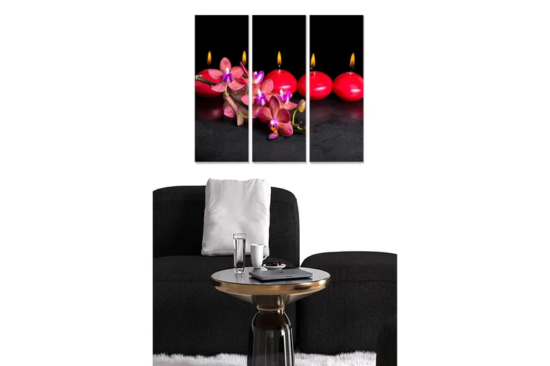 Canvastavla i trä 3-delar 50x70 cm - Vacker komposition av rosa orkidéer och röda ljus - Rosa / Röd / Svart - Inredning - Tavlor & konst - Canvastavlor